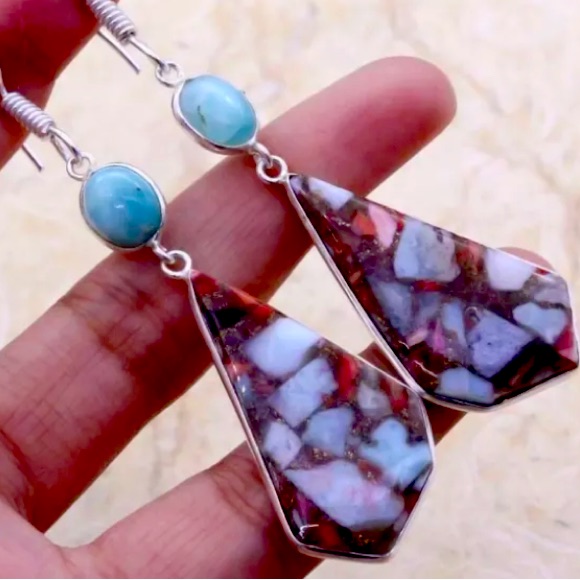 Larimar, Garnet & Spiney Oyster Earrings Handcrafted 9.25 Sterling Silver 3”